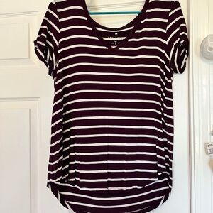 American Eagle Outfitters Maroon and White Striped V-Neck Tee